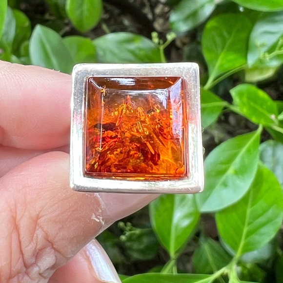 VINTAGE LARGE MODERNIST STATEMENT DESIGNER AMBER RING 925 STERLING SILVER
